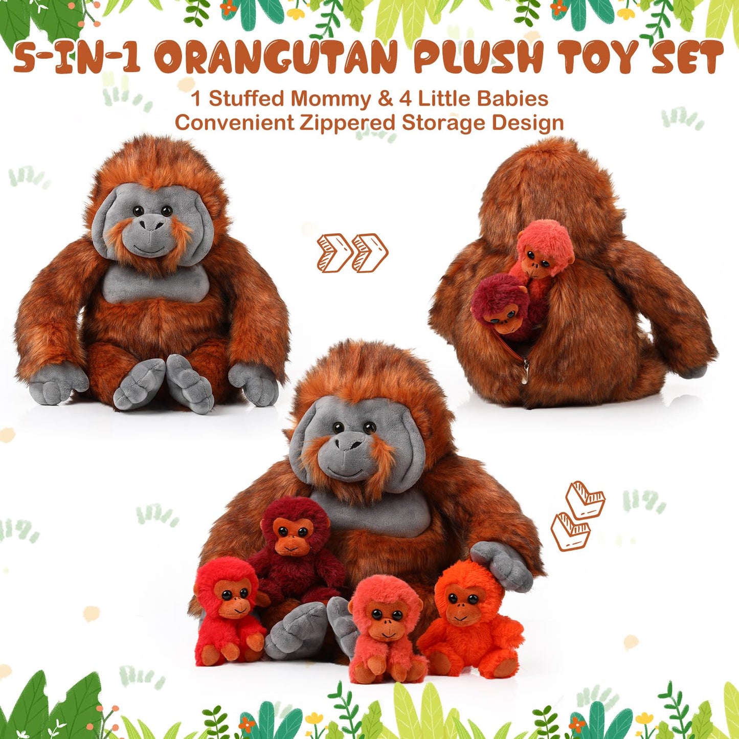 Lenwen 5 Pcs Plush Gorilla Orangutan Stuffed Animals Set 14 Inch Large Mommy Gorilla With 4 Baby Gorillas Zippered Gorilla Plush