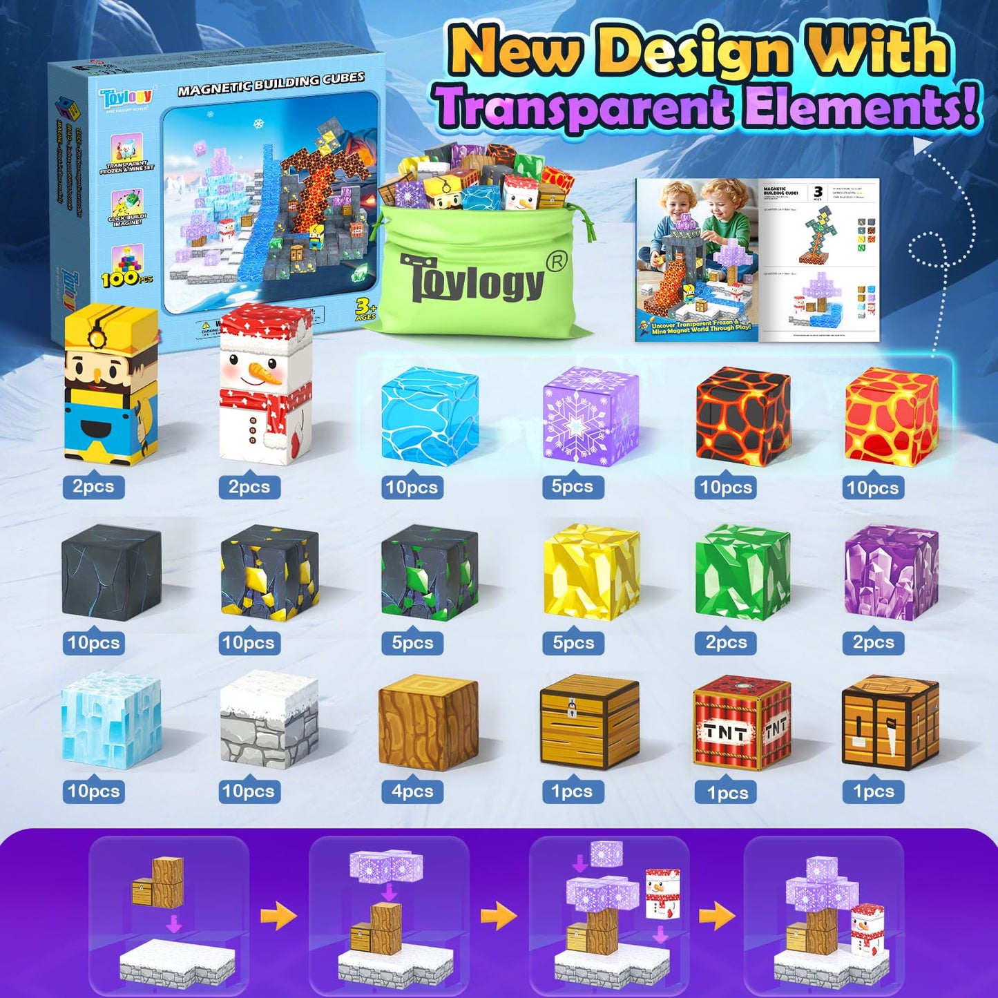 100PCS Large Magnetic Blocks-Build Mine Magnet World Ice Mine decorative replica blade Toddlers Toys for Kids Magnet Transparent Building Blocks Sensory Learning Toys for Boys and Girls Ages 3 4 5 6 7 8-12 Birthday Gift