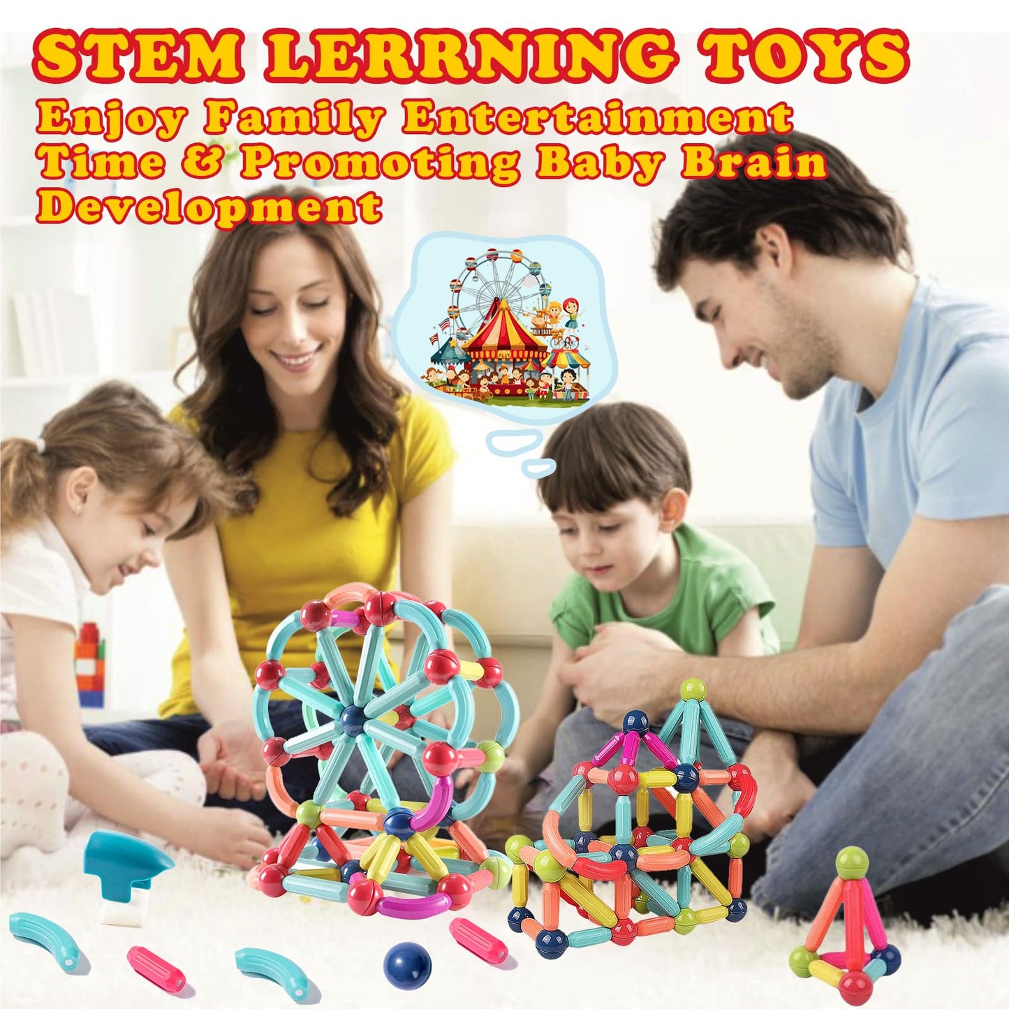 Titrot 128Pcs Magnetic Blocks Kids Toys, Large Magnetic Building Sticks Stem Educational Sensory Toy Preschool Learning Montesso