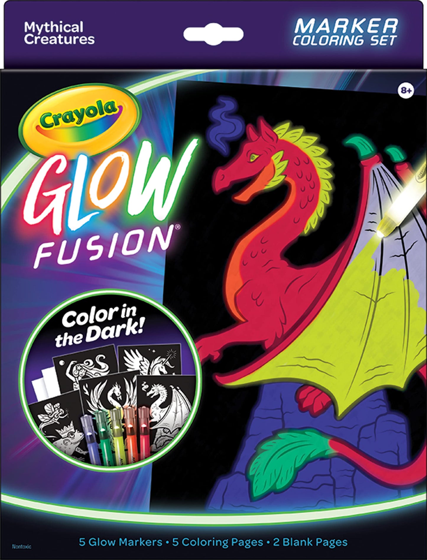 Crayola Glow Fusion Coloring Set - Glow in The Dark Markers & Mythical Creature Pages, Blue/Green/Orange/Red, Model 747491