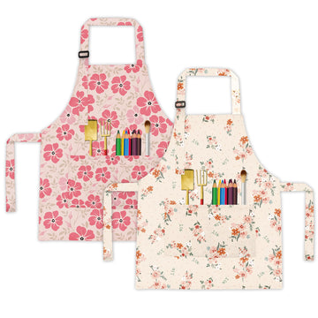 BeeGreen Kids Apron 2 Pack Pink White Floral Kids Painting Aprons with Adjustable Strap & Front Pockets Toddler Aprons for Girls