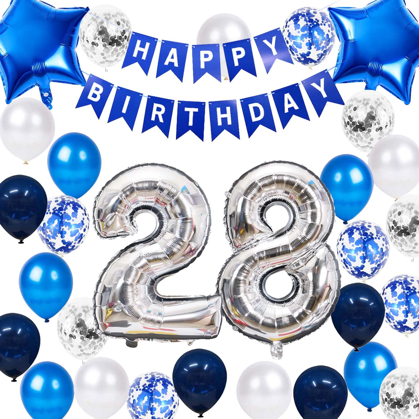 28Th Birthday Party Decoration Blue For Him, Happy Birthday Banner Blue Number 28 Birthday Star Foil Balloons Latex Confetti Bal
