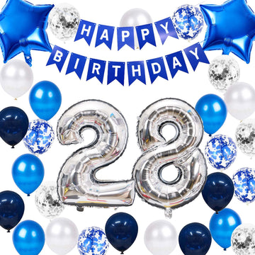 28Th Birthday Party Decoration Blue For Him, Happy Birthday Banner Blue Number 28 Birthday Star Foil Balloons Latex Confetti Bal