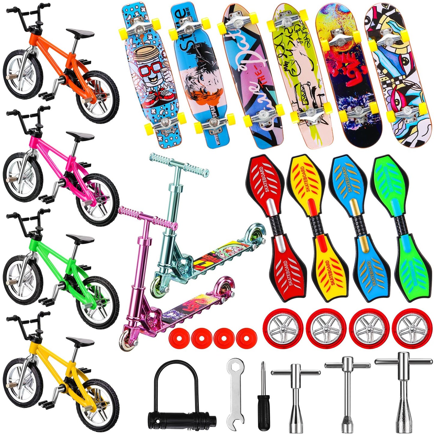 Skylety 31 Pieces Mini Finger Toys Set for Boy Girl Includes 6 Finger Skateboards, 4 Bikes, 2 Mini Scooters 4 Swing Board 8 Matc