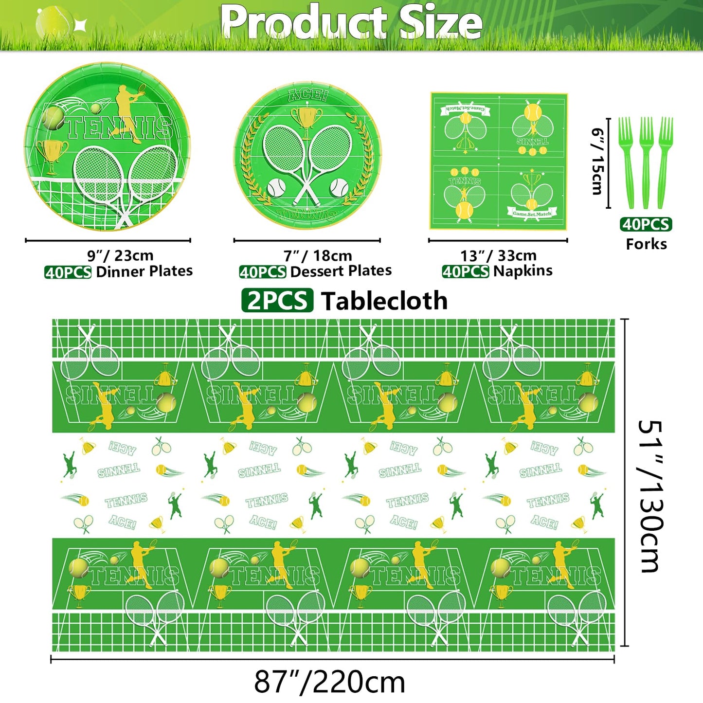 Tennis Party Supplies for 40 Guests, Disposable Tableware Set Includes Tennis Plates, Napkins, Forks, Tennis Tablecloth for Men