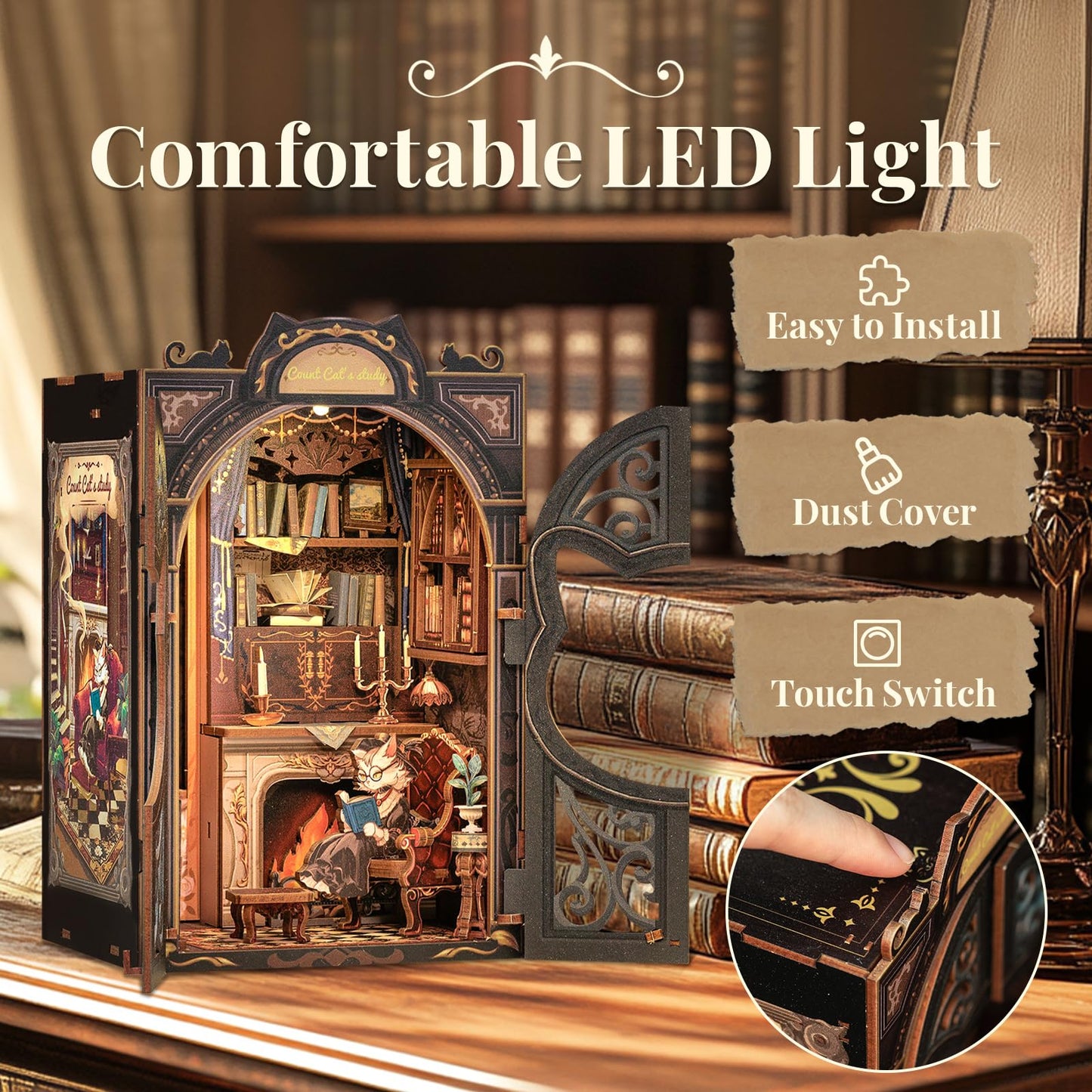 CUTEBEE DIY Miniature Book Nook Kit with LED Light, Colorful Wooden Model for Adults & Teens, Cat's Study, One Size