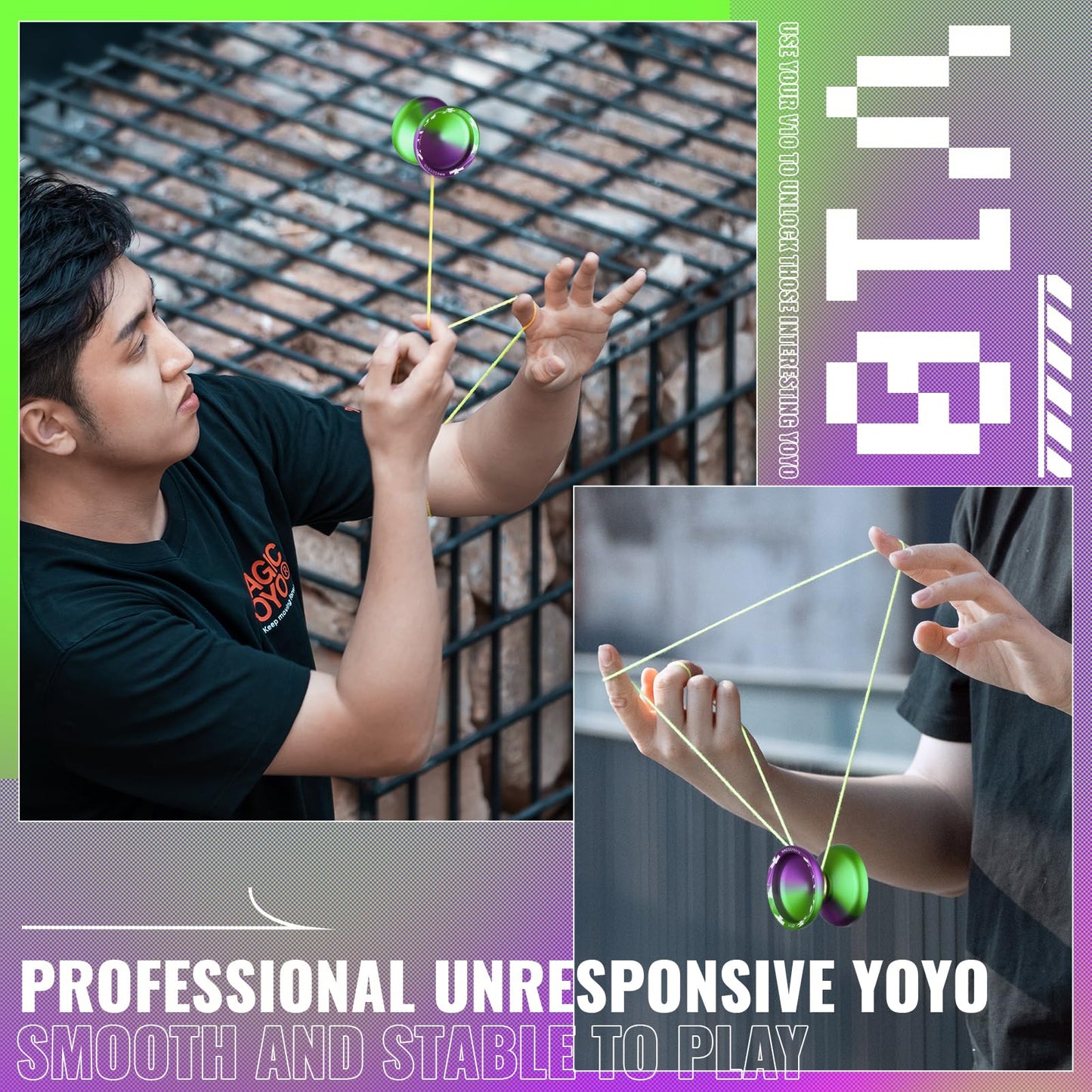 Magicyoyo V10 Black Blue Unresponsive Yoyo Professional Finger Spin Yoyo With 12 Yoyo Strings, Yoyo Case, Yoyo Glove(Purple Gree