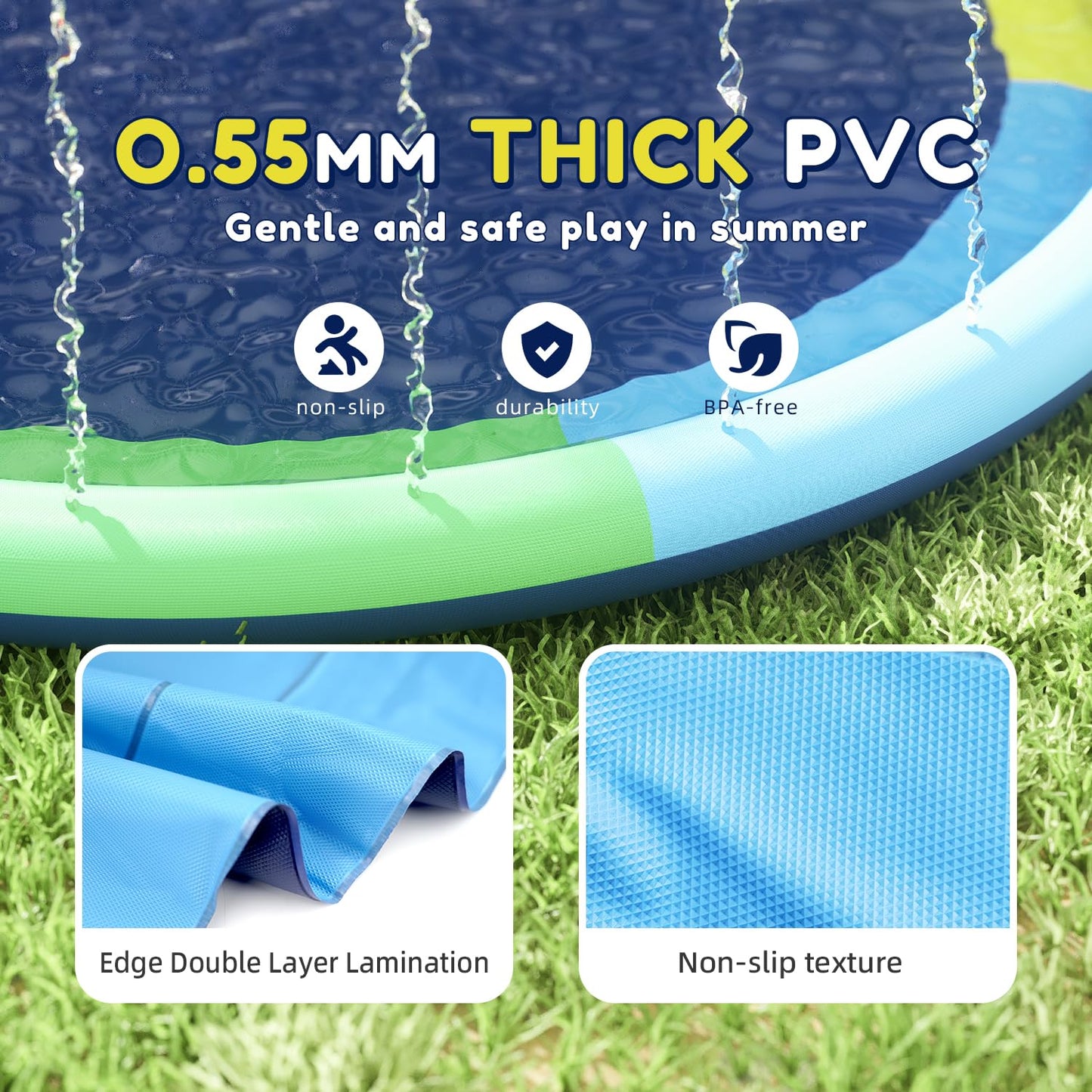 Kids Non Slip Splash Pad -67In Outdoor Sprinkler Play Mat, Dog And Kids Water Toys, Garden Lawn Pool Mat, Summer Outdoor Water T
