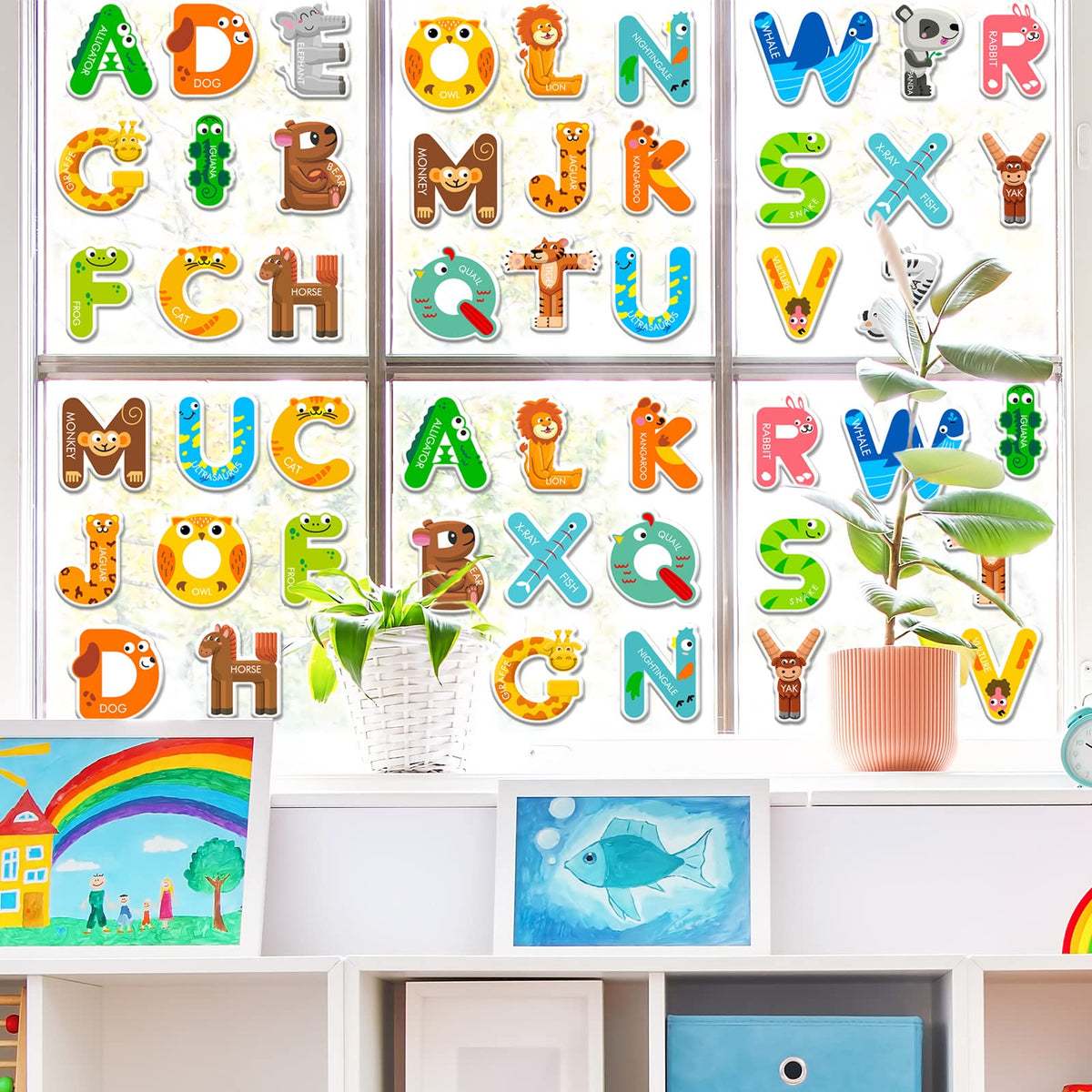 Gel Lettering Graphics Whaline 52Pcs Alphabet Letters Thick Gel Clings Cute Animals Alphabet ...