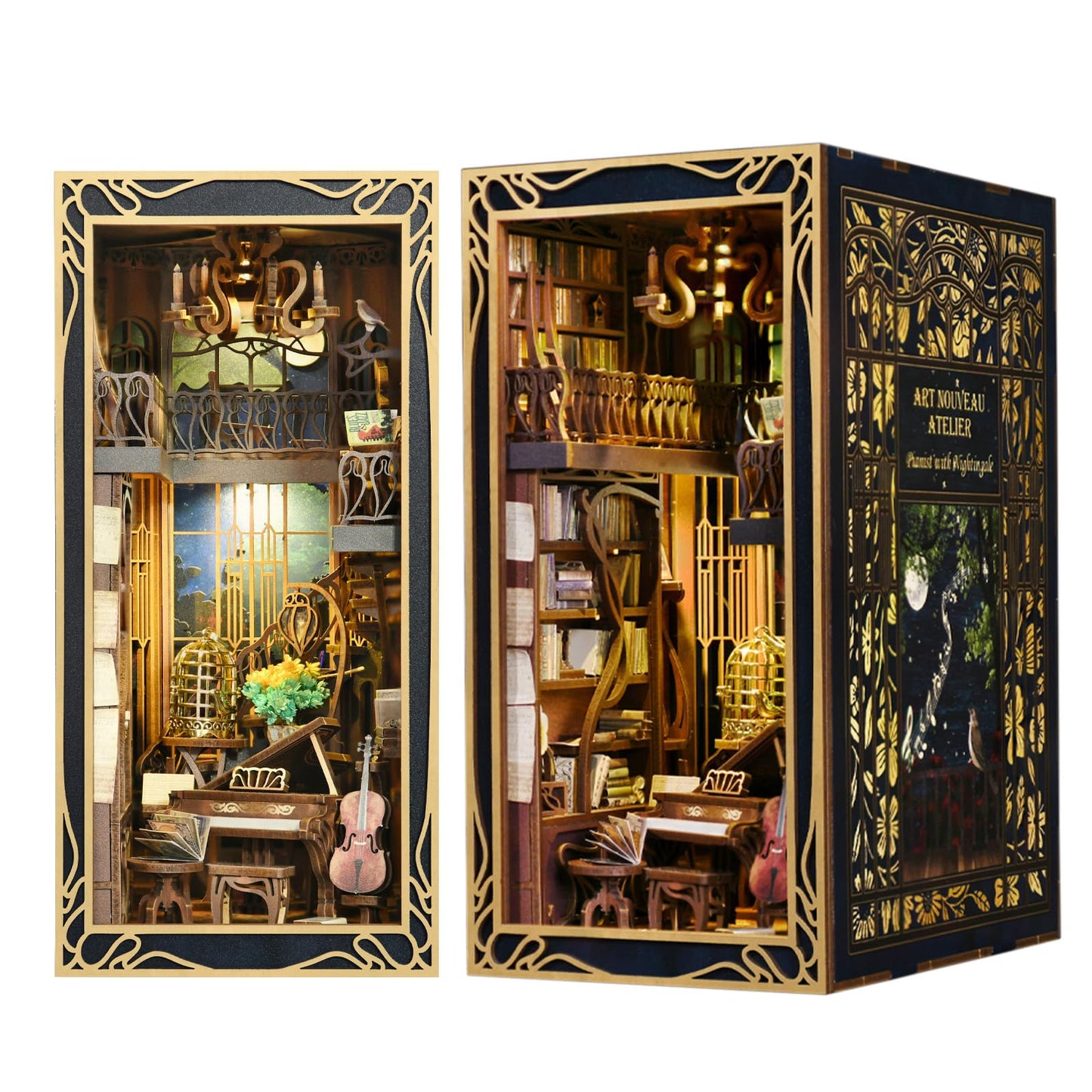 Minicity Diy Book Nook Kit For Adults, 3D Wooden Puzzle Bookend Bookshelf Insert Decor With Led Light And Dust Cover (Pianist Wi