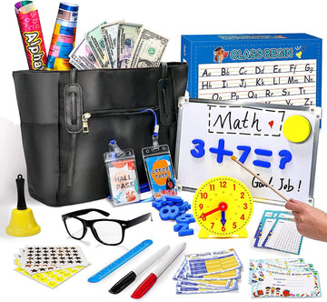 Alritz Pretend Play Teacher Set - Classroom Learning Education Gifts Includes Reusable White Board Bell Clock And More, Be Teacher Or Student, Toy Gift For Boys Girls 5 6 7 8 9 10 11 12 Years Old