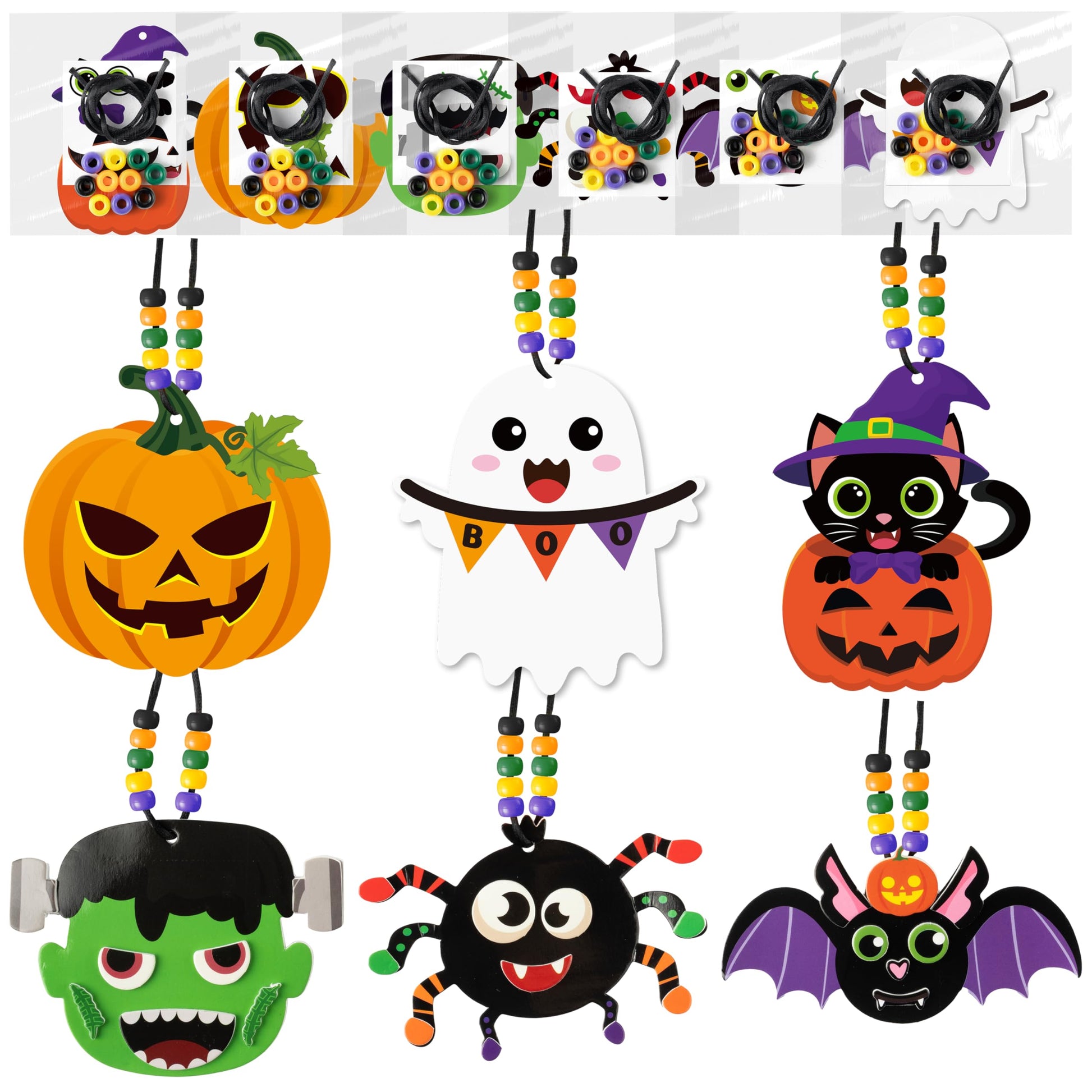 WATINC Halloween Pumpkins Beaded Necklace Kit - DIY 24 Sets Halloween Crafts for Kids Trick-or-Treat, EVA Cat Foam Necklaces Art