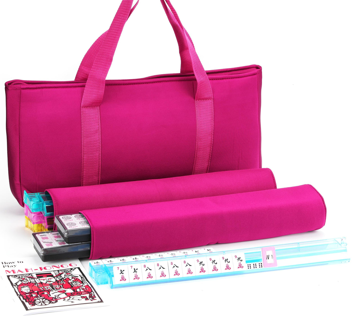 Mose Cafolo American Mahjong Game Set, Pinky Red Carrying Bag,166 Premium White Tiles,4 Color Racks/Pushers,100 Chips,1 Wind Ind