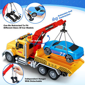 Kids Toys for 3 4 5 6 7 Years Old Boys, 15'' Large Tow Truck Toy, Friction Powered Transport Truck Crane Vehicle Toy with Lights