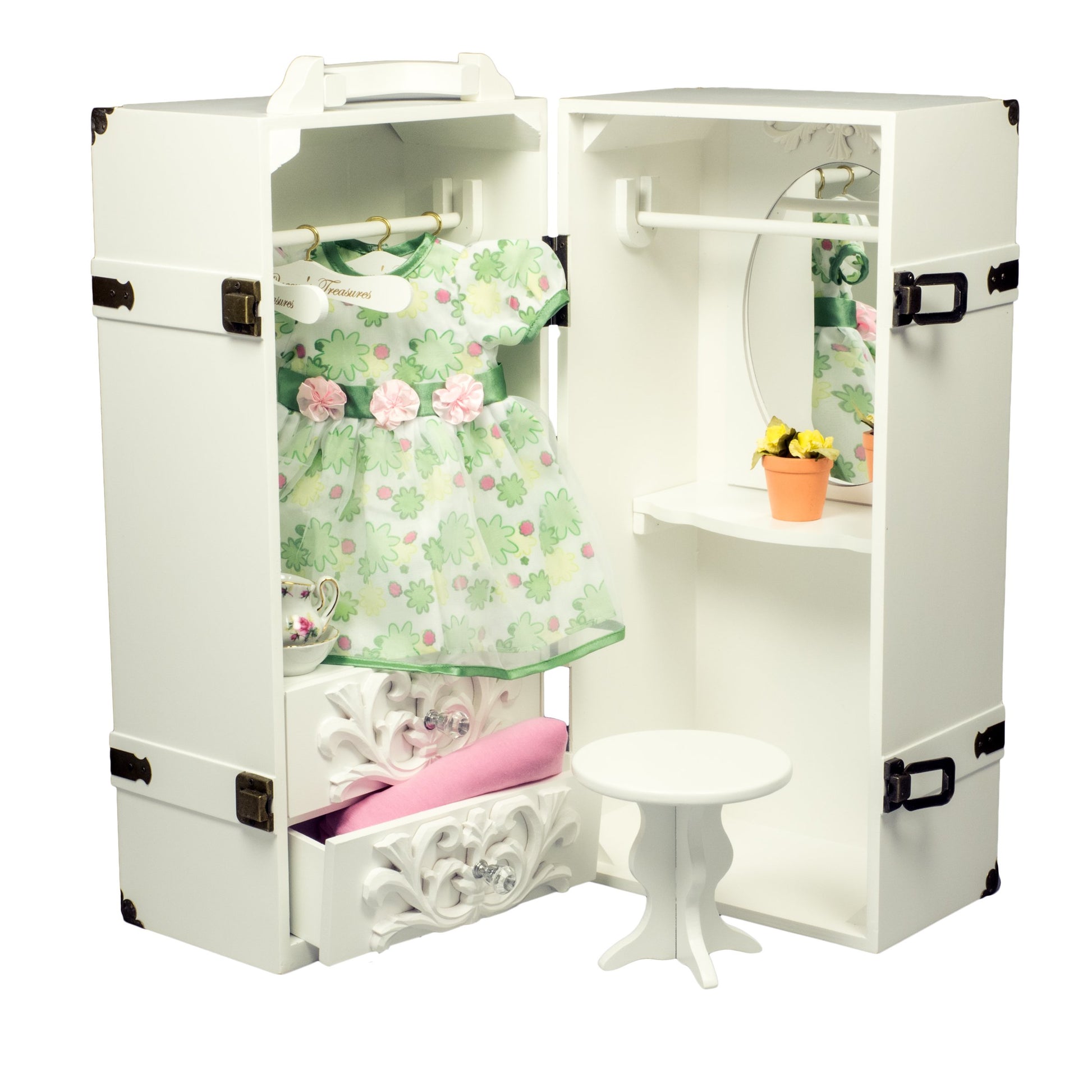 The Queens Treasures 18 Inch Doll Clothes Storage Case Furniture, Fully Assembled White Wooden Trunk Includes Vanity, Stool, Ha