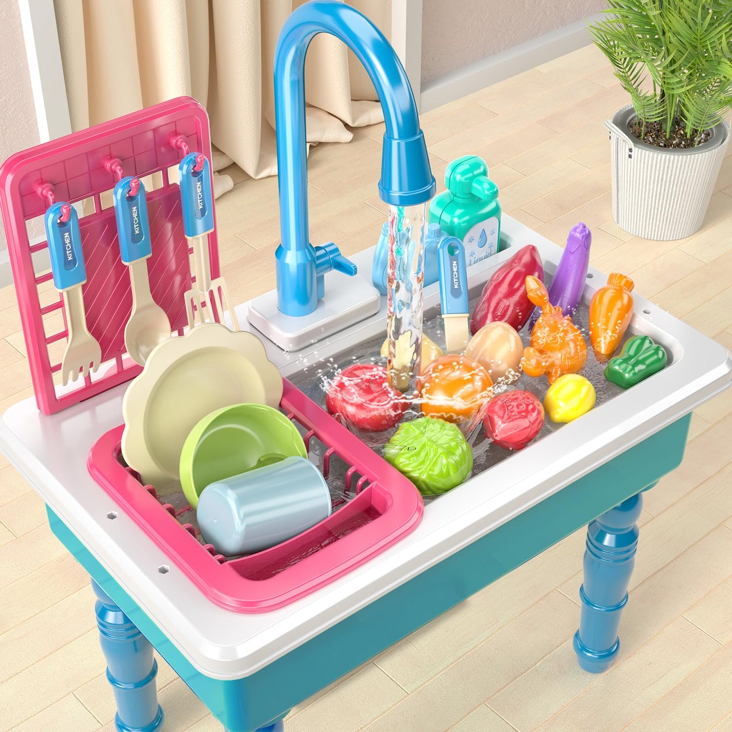 Smartchef Play Kitchen Sink Toys, Blue Electric Dishwasher Playing Toy With Running Water, Play Food & Tableware Accessories, Ki