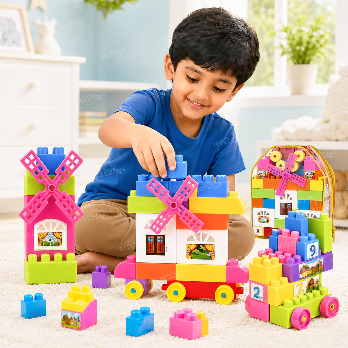 Zest 4 Toyz Building Blocks for Kids 58 Pieces | Colourful Construction Blocks with Wheels Windmill Doors Windows Booklet & Zipp