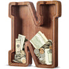 Customized Name Large Wooden Piggy Bank For Kids Boys Girls Alphabets Letter A-Z Coins Bills Money Change Bank Box Initial On Clear Cover (Laser Engraved) (Alphabet-N, Initial-12)