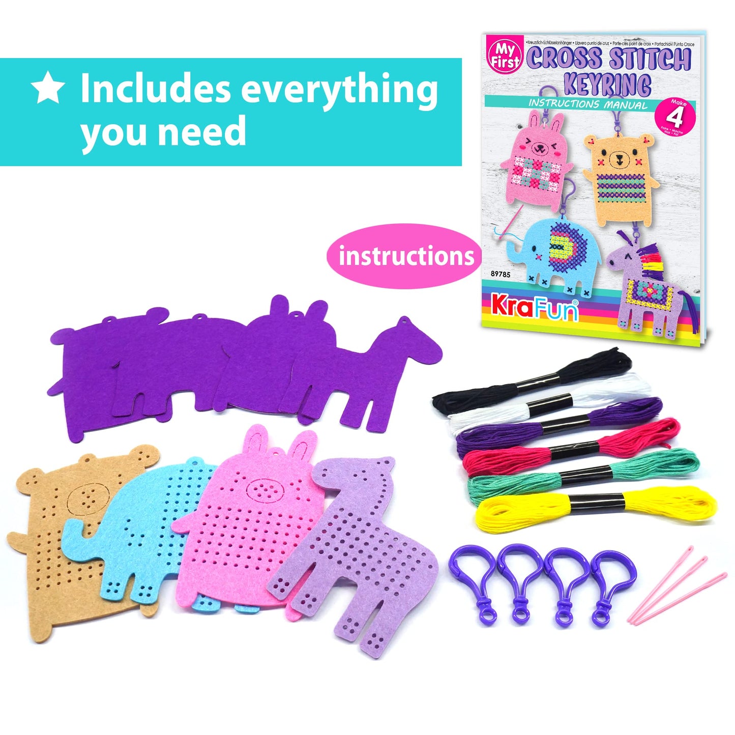 KRAFUN Cross Stitch Kits for Kids Beginners, 4 Cross Stitching Keyrings Arts & Crafts with Animals, Unicorn, Needlepoint Embroid