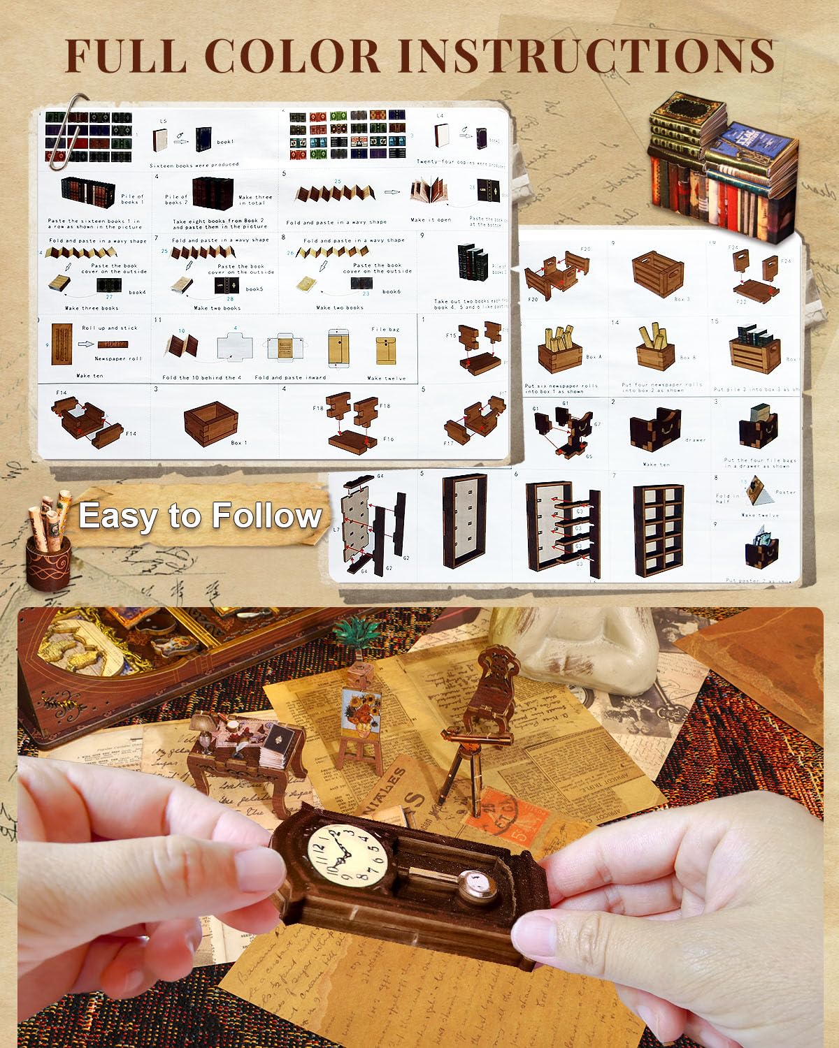Ourmiao Book Nook Kit Library, Diy Booknooks Kit For Adults Teens With Sensor Lights, Bookshelf Diorama Miniature Scenes Insert