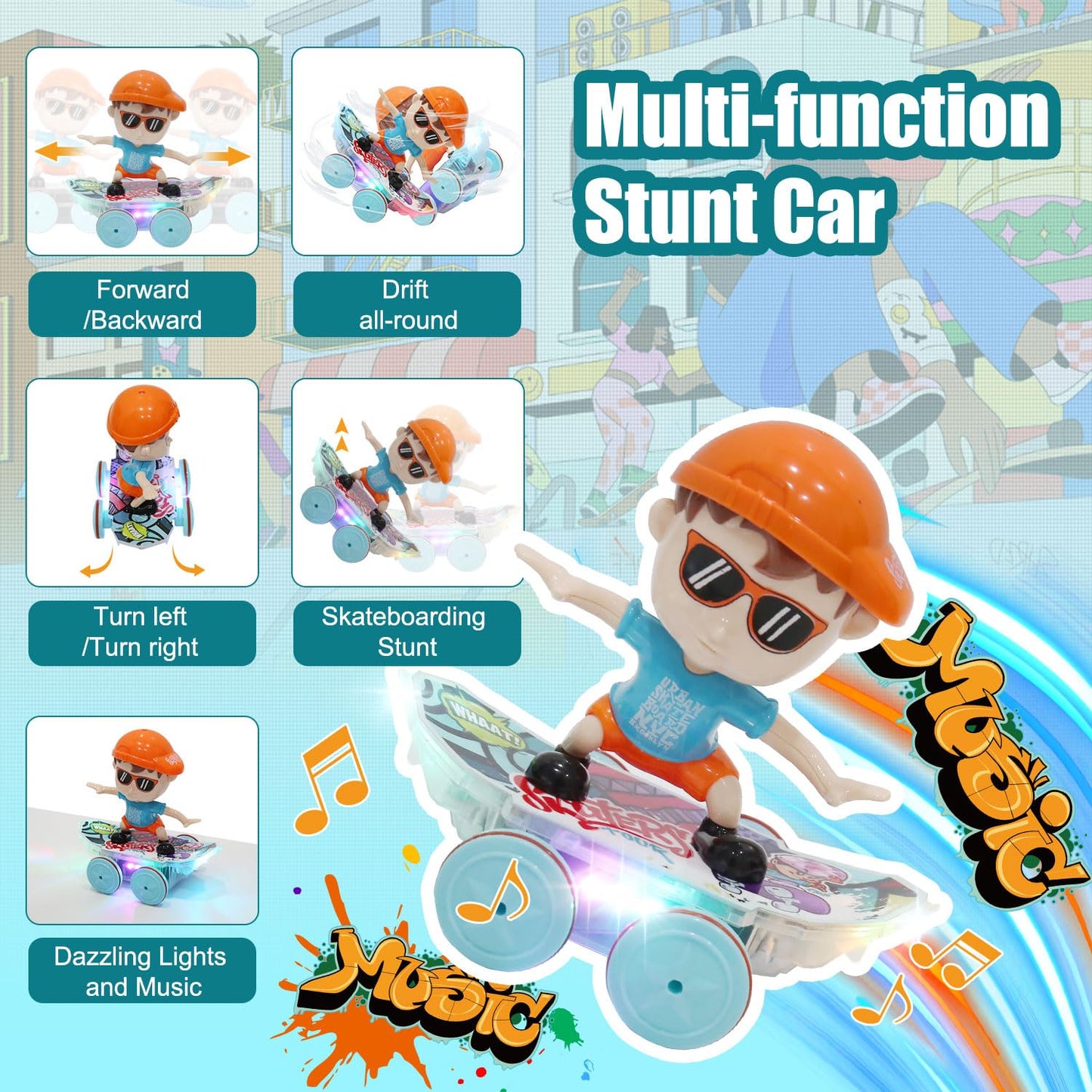 Remote Control Car Stunt Car,Skateboard RC Car with Light Music,360Spins Light Up Skateboard,Toys for 3 4 5 6 Year Old Boy Girls