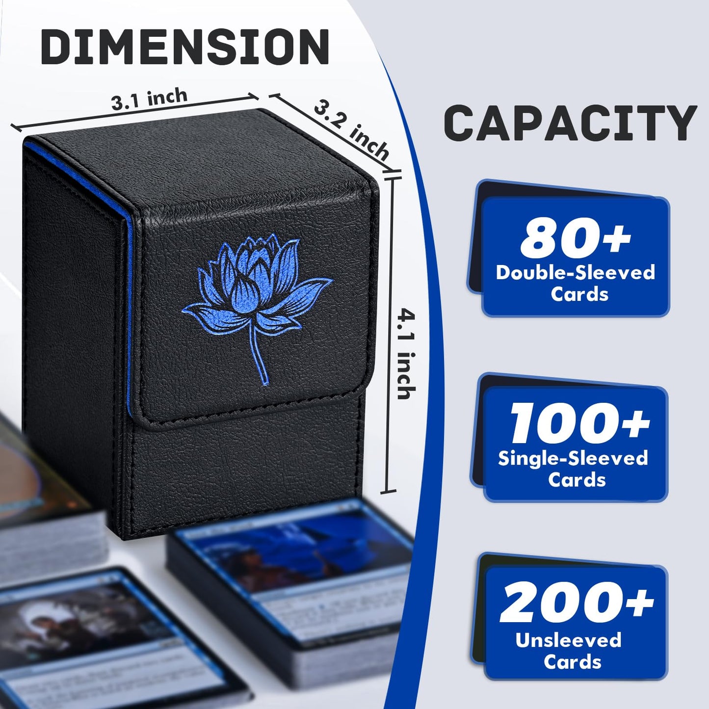 Zlca Card Deck Box For Mtg Cards With 2 Dividers, Card Storage Box Fits 100+ Single Sleeved Cards, Pu Leather Tcg Card Deck Case Holder For Magic Commander Yugioh (Black&Blue,Lotus)
