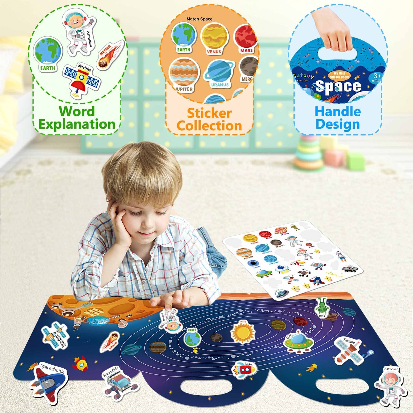 Igetooy Reusable Sticker Books For Kids, Jelly Quiet Book, Preschool Learning Activities Busy Book For Toddler Travel Toys Waterproof Stickers For Kids 2 3 4 5 6 Year Old Girls Boys (Space)