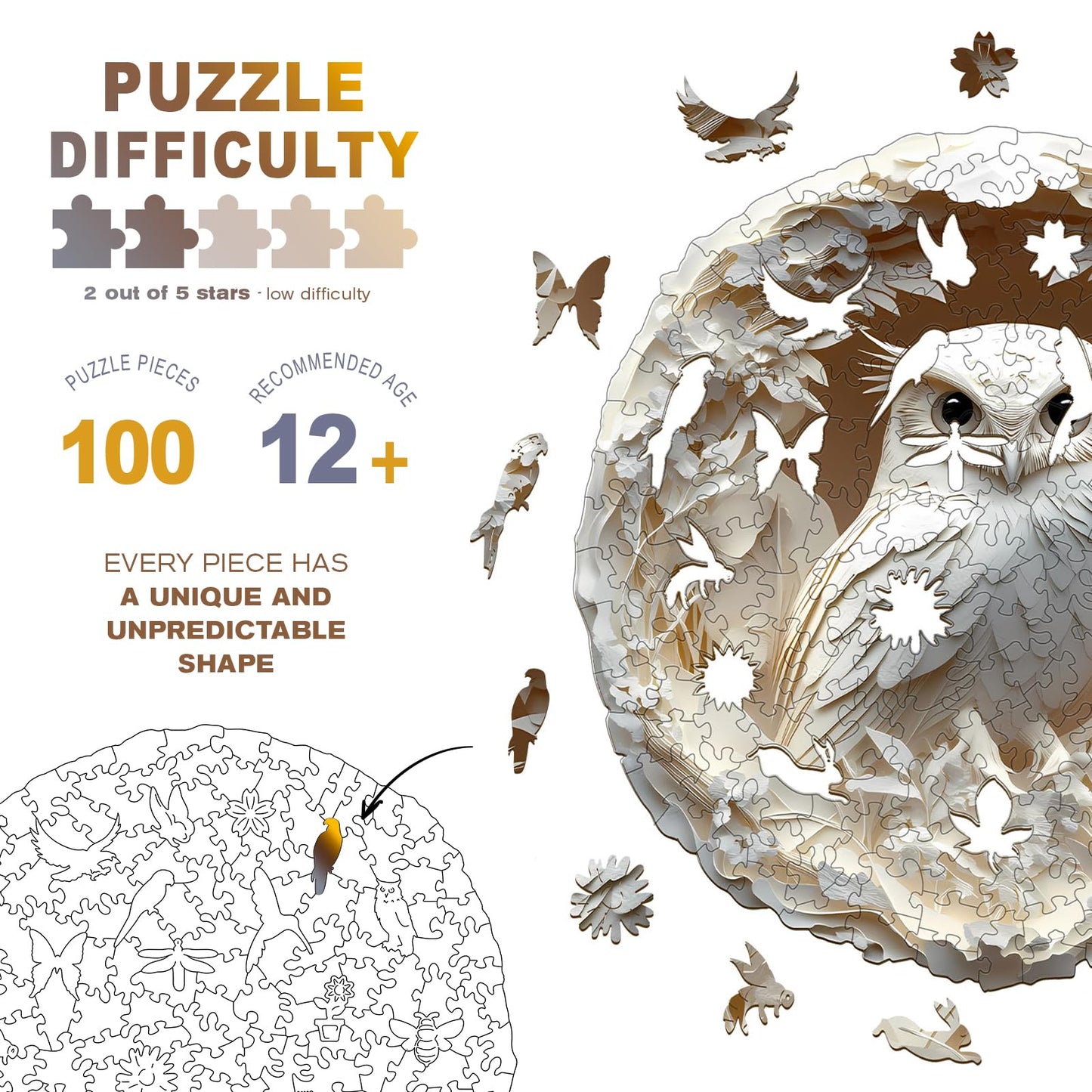 Wooden Puzzles for mature-themeds - 3D Vision Effects Owl Wooden Jigsaw Puzzle - Unique Animal Shaped Wood Puzzles mature-themed - Creative Birthday Gift Family Game (100pcs)
