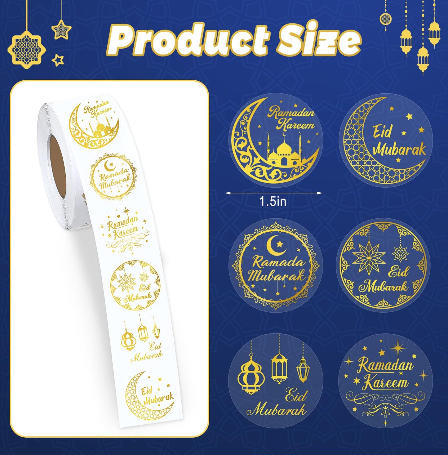 FEBSNOW 600 Pcs Gold Foil Ramadan Eid Mubarak Stickers, Modern Style, Multi-Surface, Paper with Gold Foil, Round, Ramadan Theme,