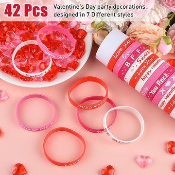 Morcheiong 42 Pieces Valentine's Day Party Favors Rubber Bracelets Pink Red Classic Silicone Wristbands for Kids Adults Valentin