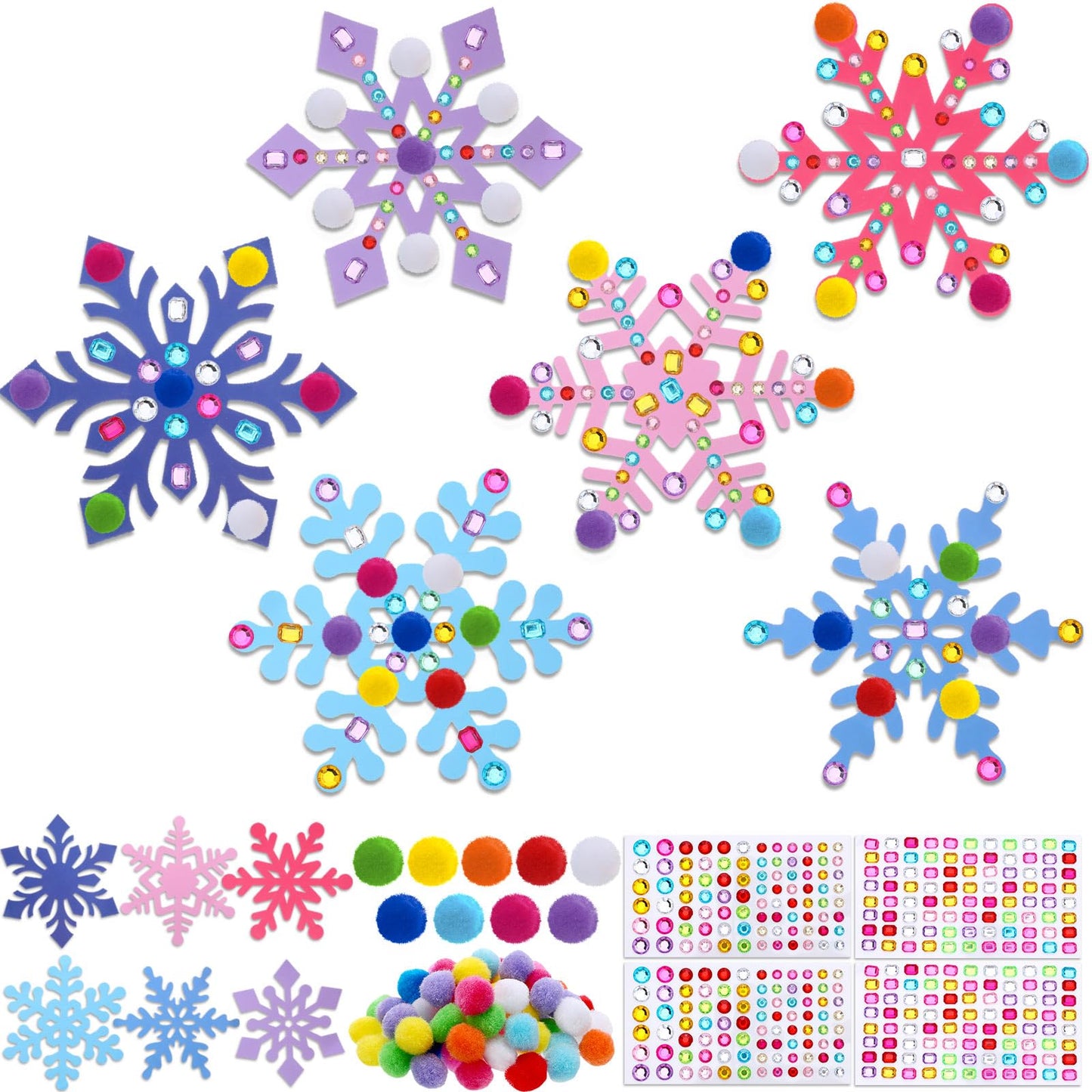 Jetec 30 Sets Snowflake Craft Kit for Kids DIY Winter Snowflake Make Your Own Snowflake Gem Sticker Pompoms Kits for Kids Winter