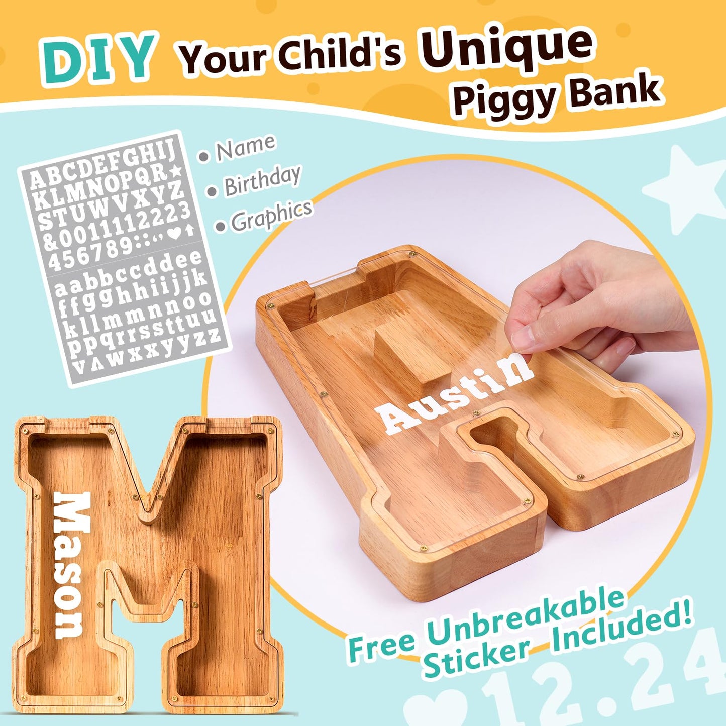 SummiDate Wooden Letter Piggy Bank| Piggy Bank for Boys Girls Toddler| Alphabet M Money Bank| Coin Bank Birthday Gift for Kids|Birthday Gift for Kids (M)