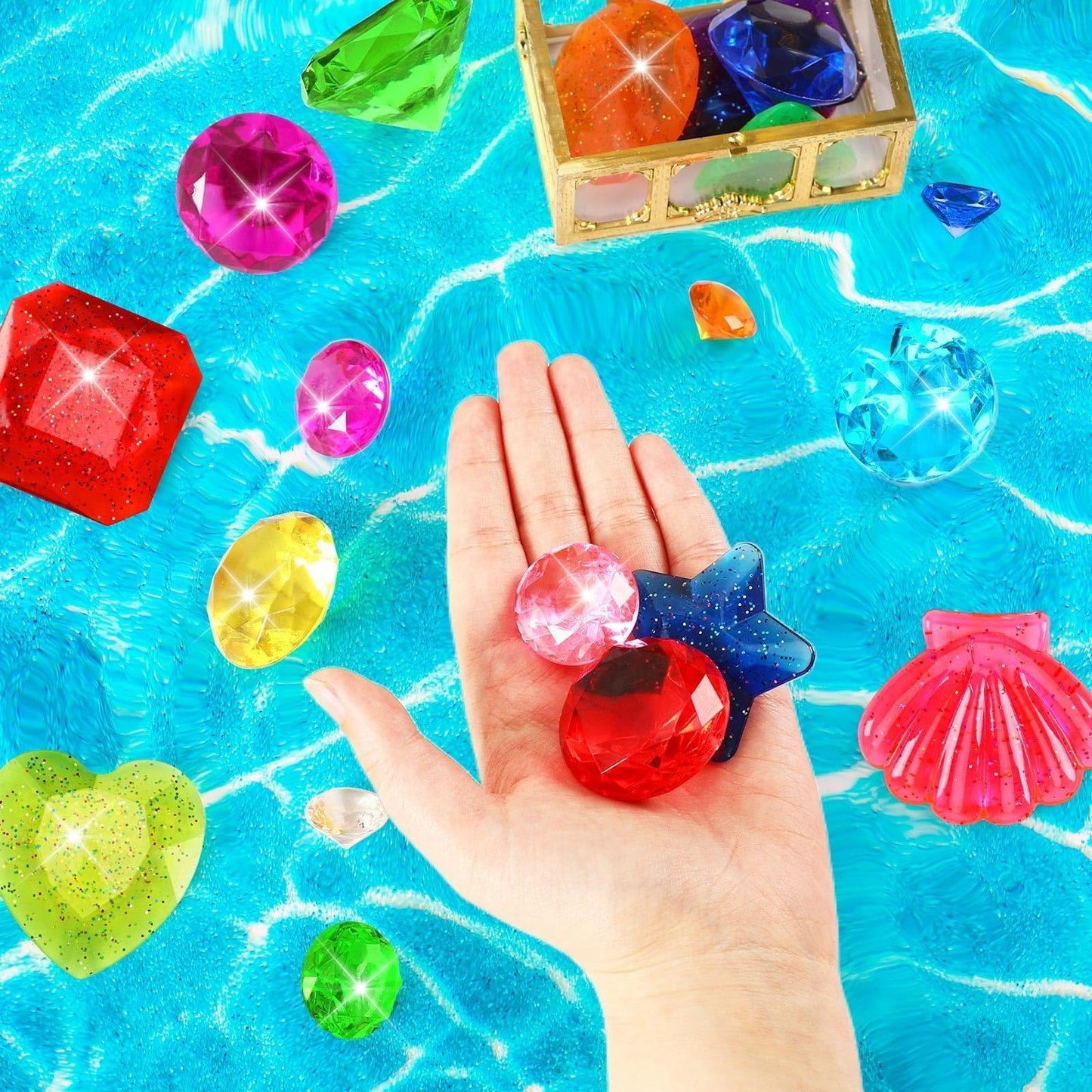 Marforever 22 Pcs Diving Gem Pool Toys, Colorful Large Acrylic Diamond Pool Gems With 2 Pirate Treasure Chest Boxes Dive Throw T
