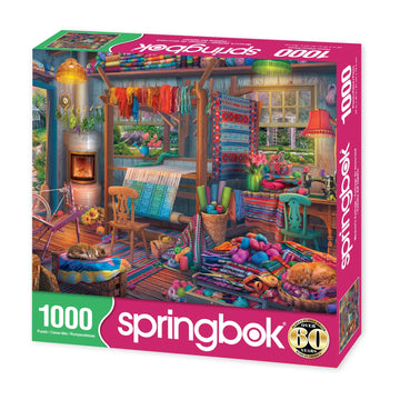 Springbok 1000 Piece Jigsaw Puzzle - Weaver's Cottage, 24"x30", Cardboard, Model 33-11190, Colorful Design with Loom and Yarns