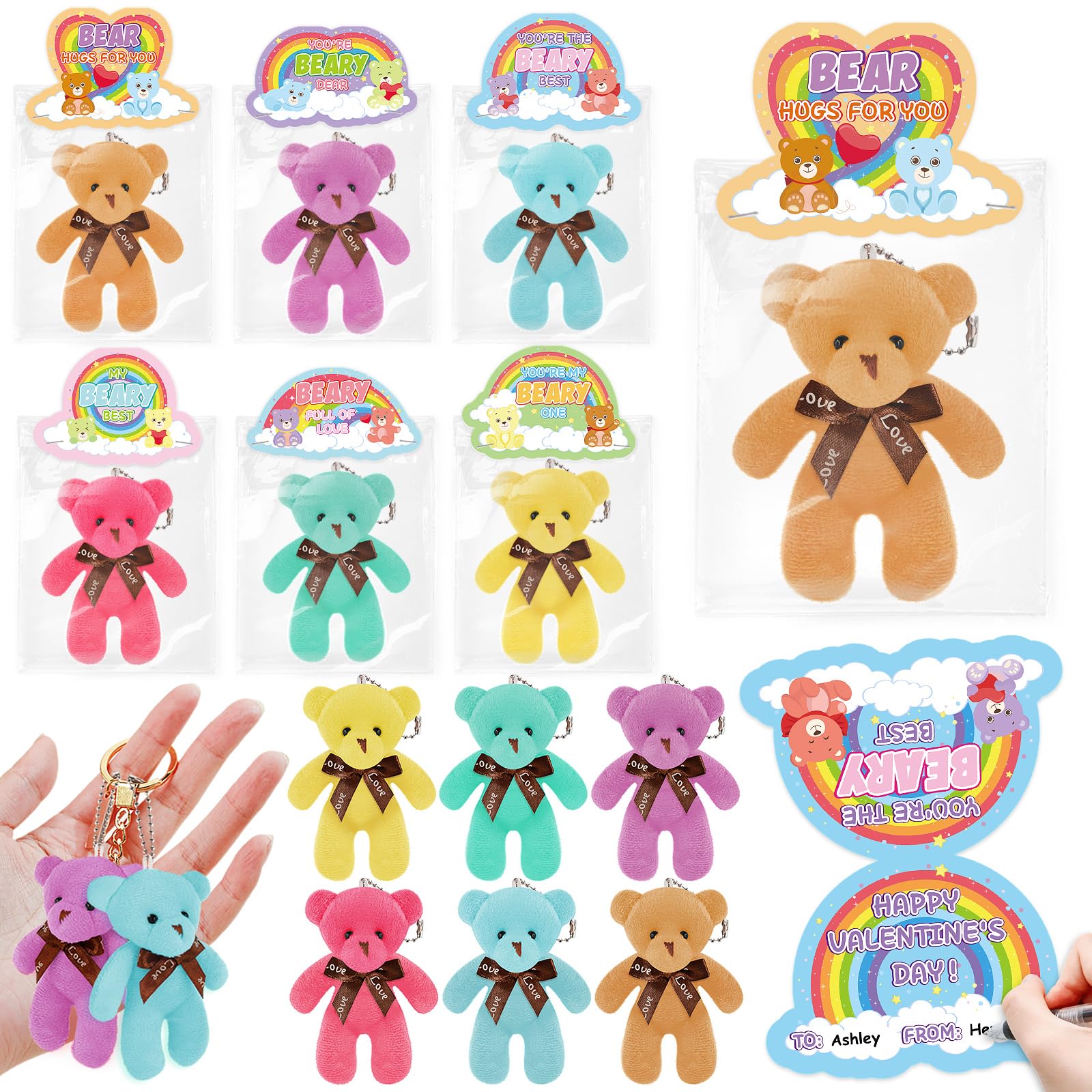 Ellinjan Valentines Day Gifts for Kids Classroom School, 24 Packs Valentines Day Card with Bear Plush Toys Keychain, Valentine K