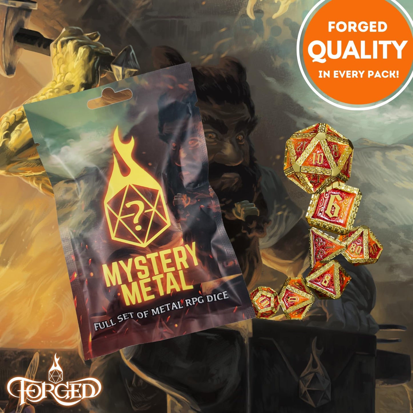 Forged Dice Co. Mystery Dice Bag DND Dice Set Blind Surprise Bag - Contains 1 Complete Set of 7 Metal Dice D4, D6, D8, D10, D12,