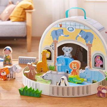 Haba Wooden Animal Playset - Play World At The Zoo, Stem Educational Toy With Zoo Animals & Accessories, Preschool Learning Toy