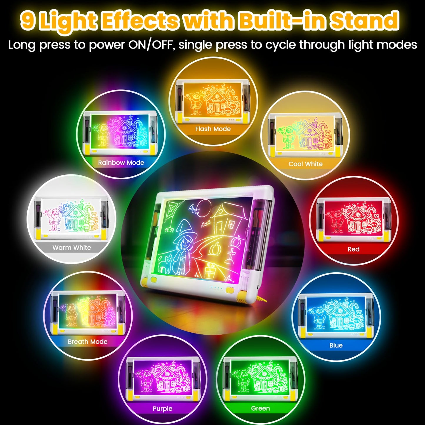 Geokay Rechargeable LED Drawing Board, 15-Inch Acrylic Tablet, 9-Color Light Modes, White, Includes 5 Markers & 10 Tracing Sheets