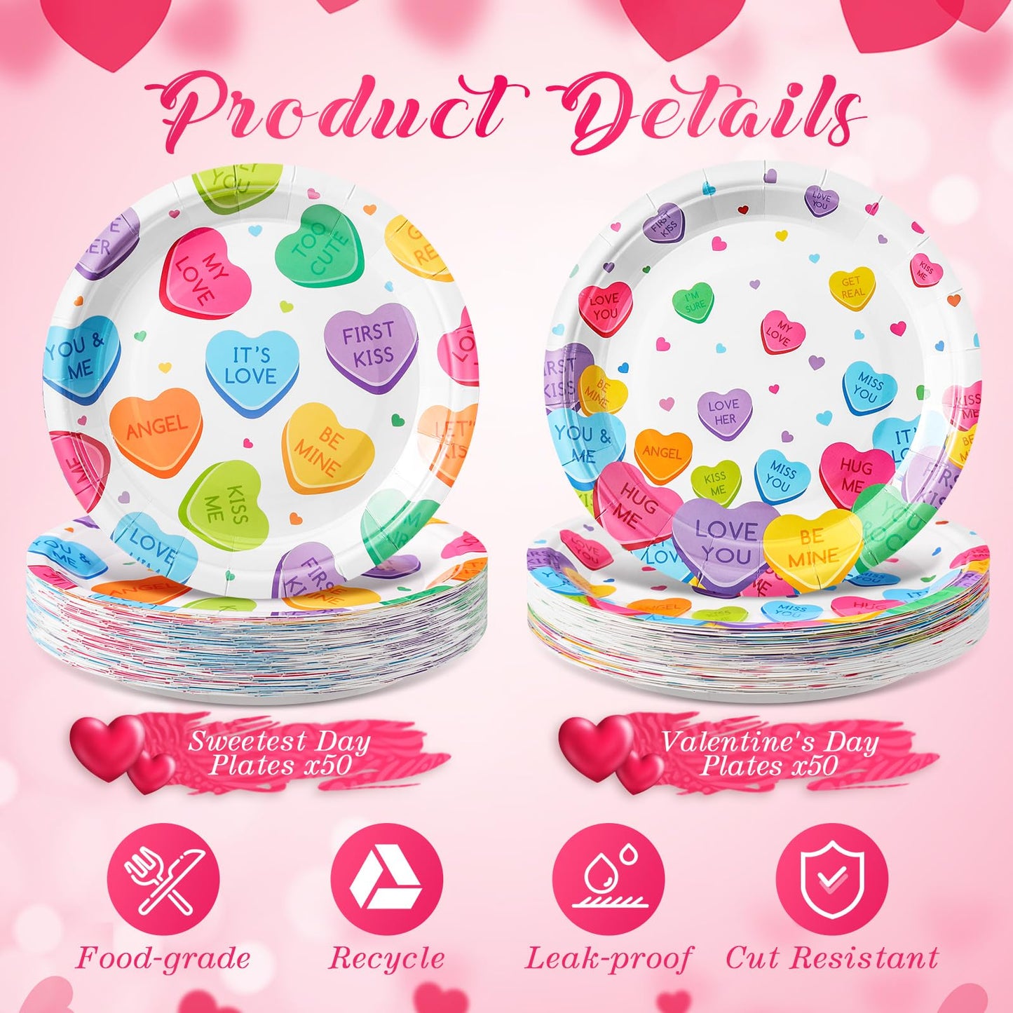 Potchen 100 Pcs 7 Inch Valentines Day Paper Plates Disposable Conversation Heart Paper Plates Round Sweetest Day Plates Decorat