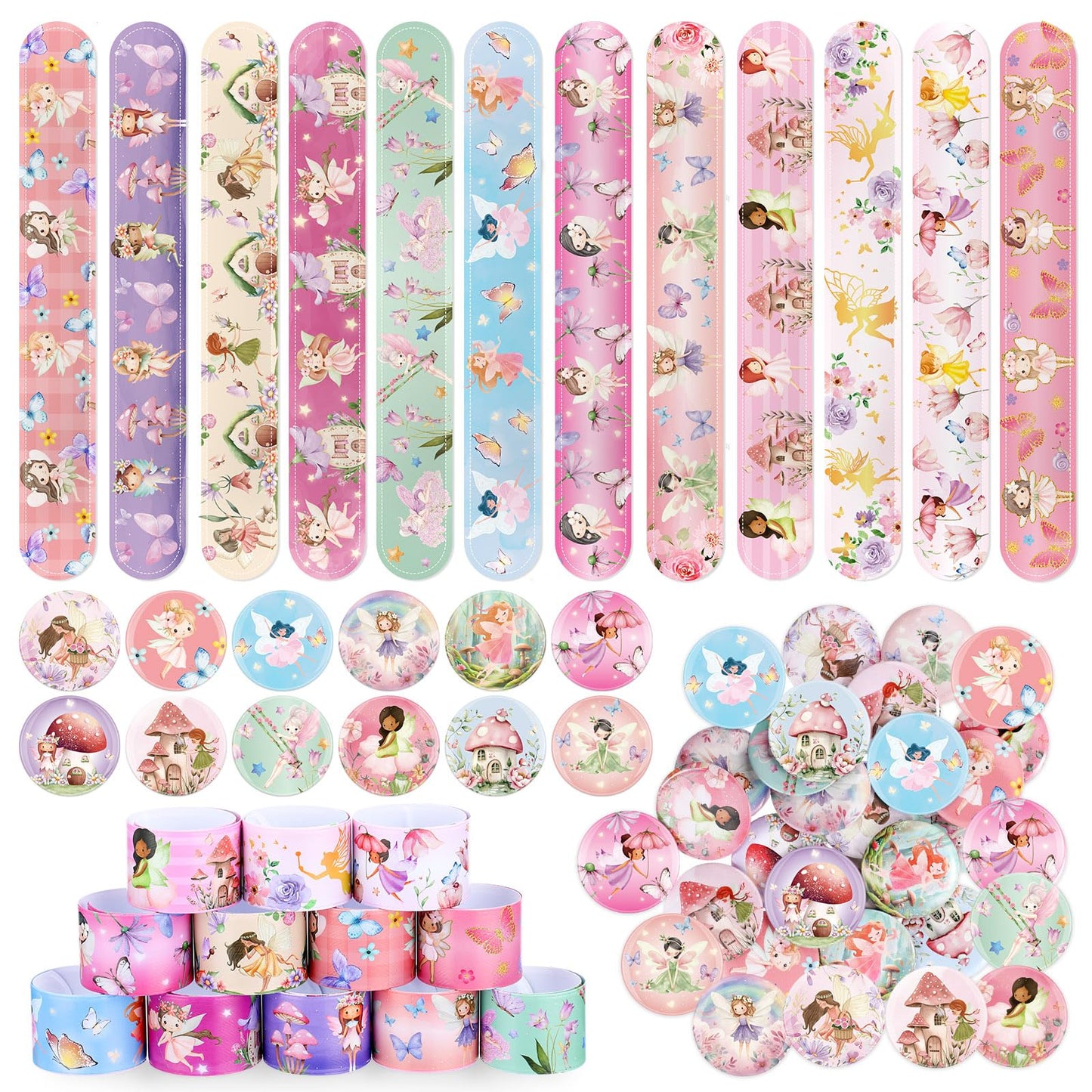 Funrous 48 Pcs Fairy Party Favors 24 Pink Mushroom Slap Bracelets Bulk and 24 Princess Theme Badges for First Birthdays Baby Sho
