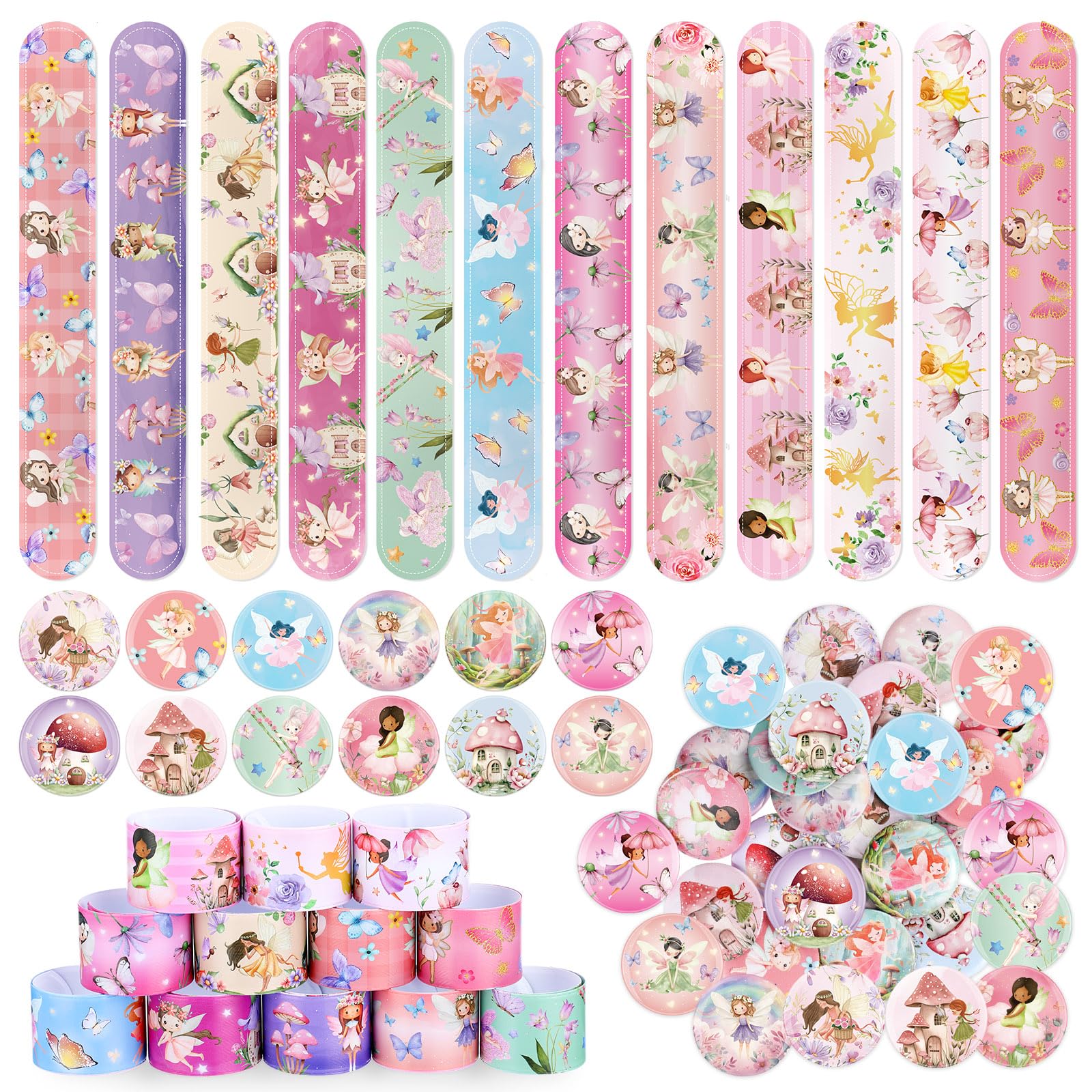 Funrous 48 Pcs Fairy Party Favors 24 Pink Mushroom Slap Bracelets Bulk and 24 Princess Theme Badges for First Birthdays Baby Sho