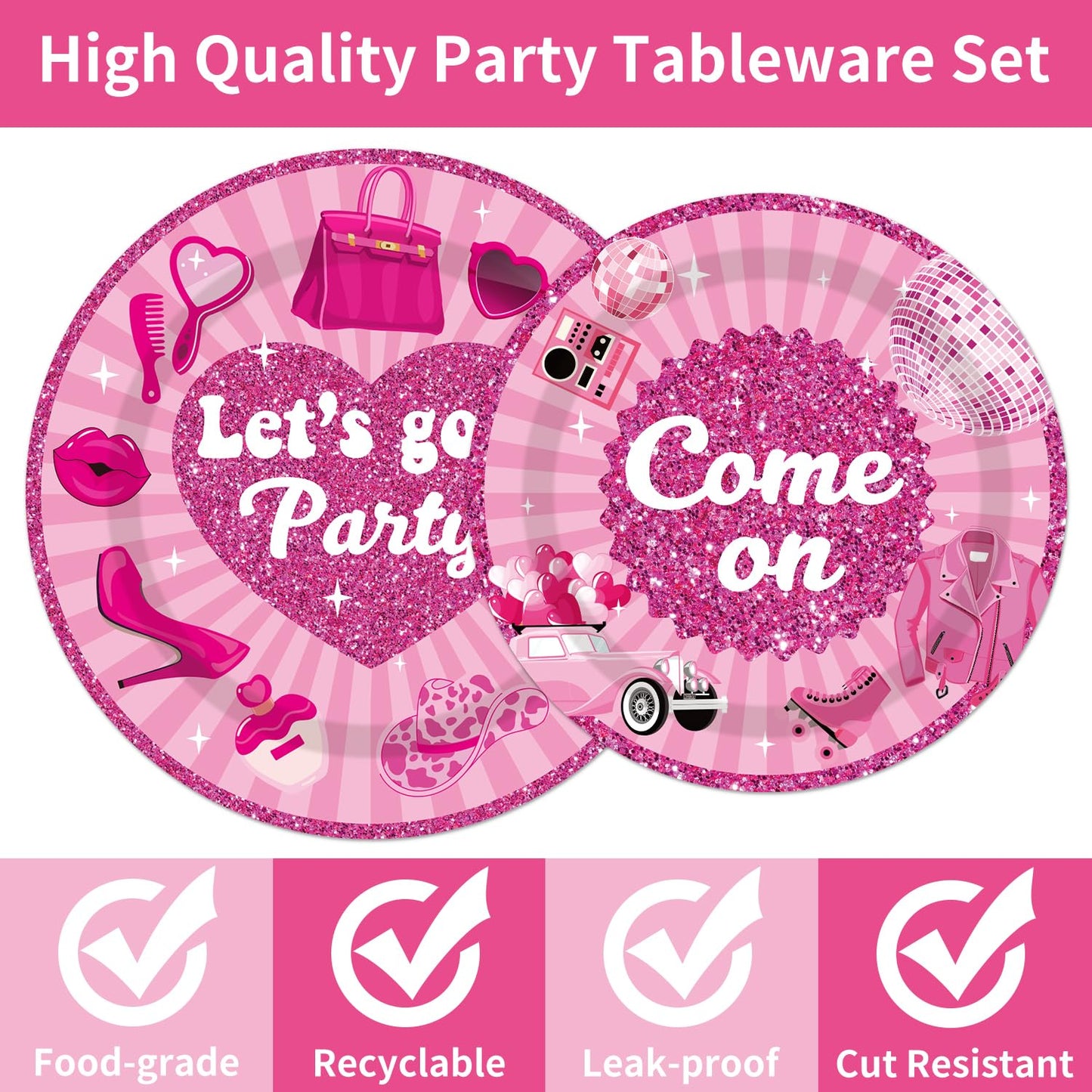 EUOYUFO 96PCS Let s Go Party Plates and Napkins Party Supplies Hot Pink Girls Party Decorations Baribe Themed Disposable Paper