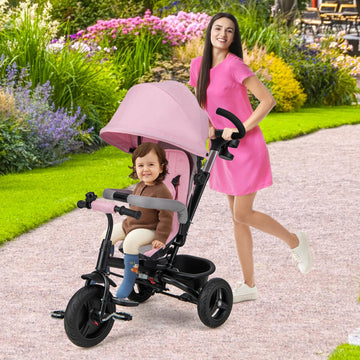 HONEY JOY Tricycle, 6 in 1 Kids Trike Stroller w/Adjustable Push Handle & Canopy, Reversible Seat, Safety Belt, Folding Pedal, C