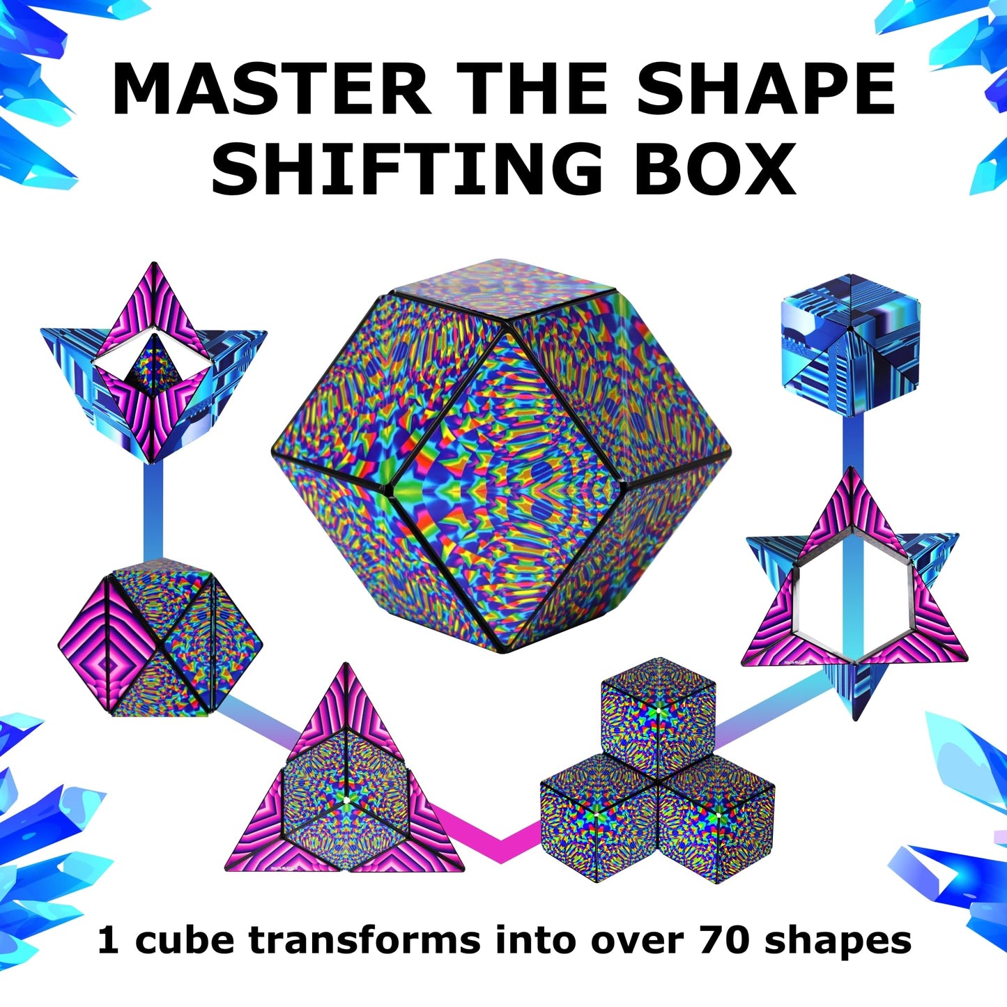 SHASHIBO Shape Shifting Box - STEM Magnetic Fidget Cube That Transforms Into Over 70 Shapes  Download Fun in Motion Toys Mobile App (Blue Crystal)