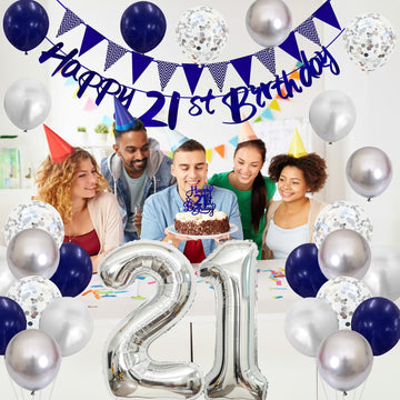 21St Birthday Decorations For Him, Blue Happy 21St Birthday Banner With Navy Blue Silver 21St Birthday Balloons 21 Birthday Cake