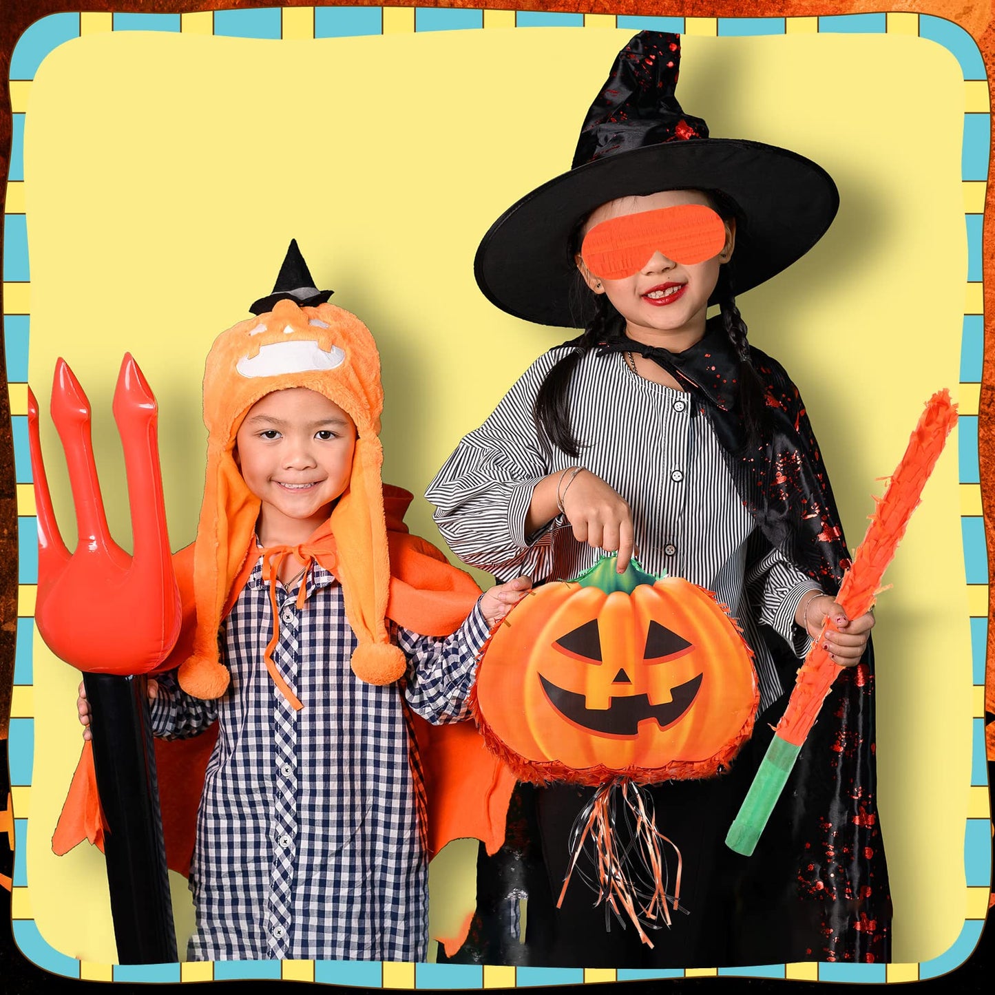 Aoriher Halloween Pumpkin Piata Pull String Pumpkin Piata with Stick and Blindfold Halloween Hanging Decoration Piata Mexican Pi