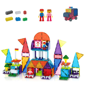 Picassotiles 333Pcs Magnetic Brick Tile And Magnetic Tile Combo Set, Action Figures Included, Building Blocks Stem Toys, Educati