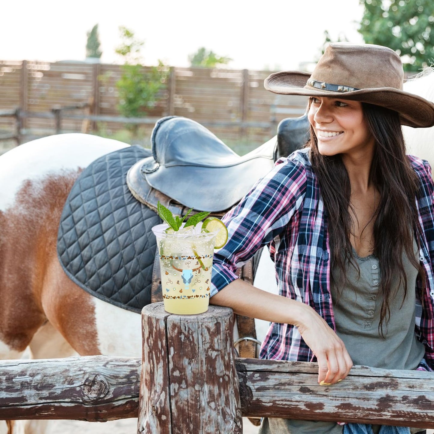 ZCPTZ 100 Pcs Western Cowboy Plastic Cups, 12 oz Blue Cowboy Party Cup Clear Disposable Western Cowboy Cups for Western Cowboy B