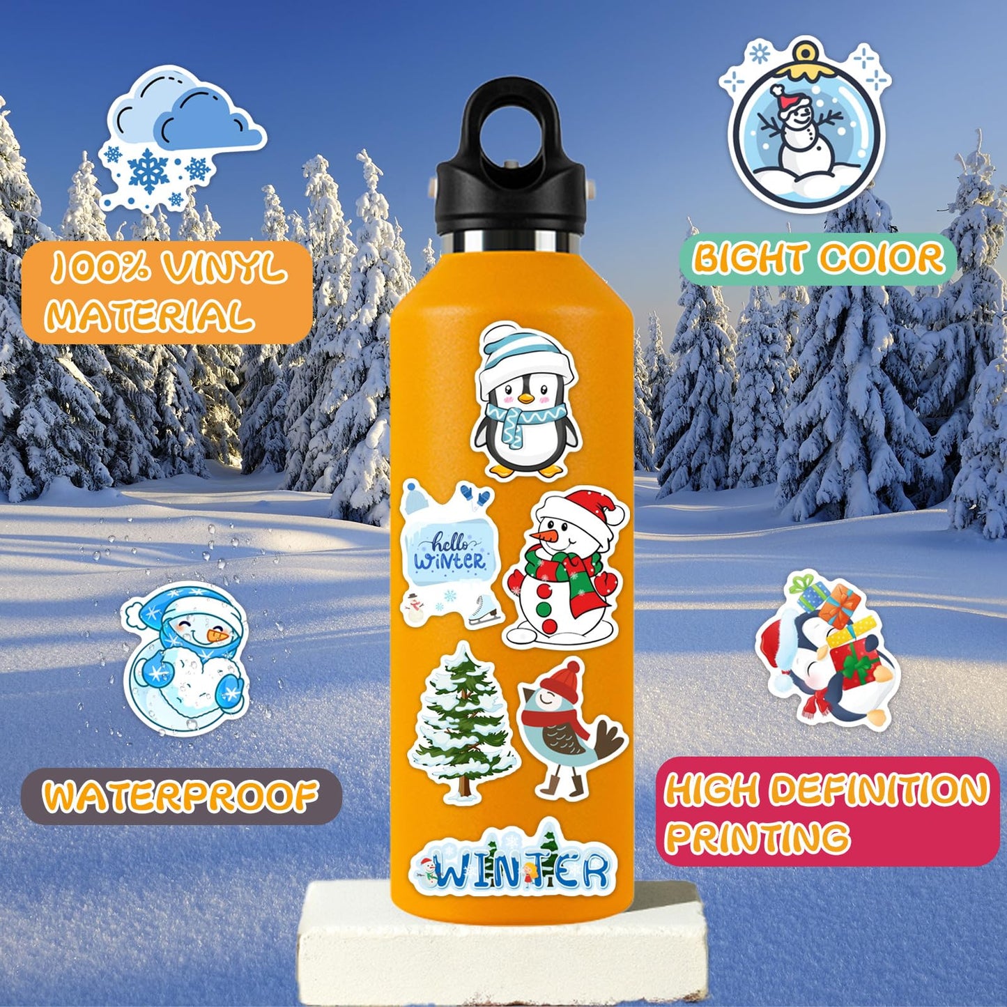 Xzentira, 103 Pcs Winter Stickers For Kids, Snowflake Stickers For Water Bottles, Hello Winter Vinyl Waterproof Stickers For Lap