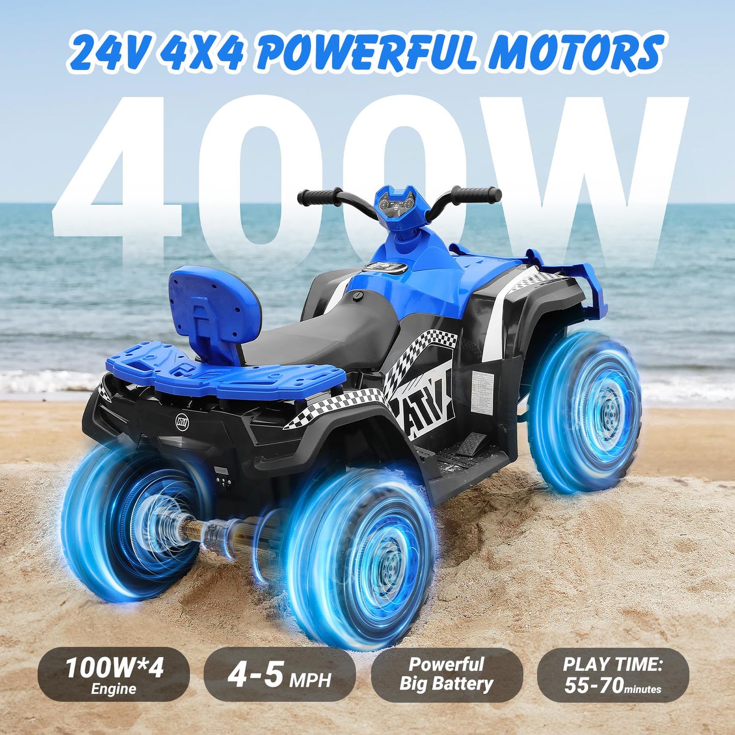 ELEMARA 24V 2 Seater Ride on ATV for Big Kids,4x4 Kids ATV 4 Wheeler Ride on Toy with 400W Powerful Motors, 5mph Max Speed,Kid F